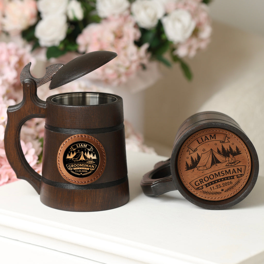 Personalized Oak Beer Mug with Lid, Custom Groomsman Gift, Wooden Tankard 500ml
