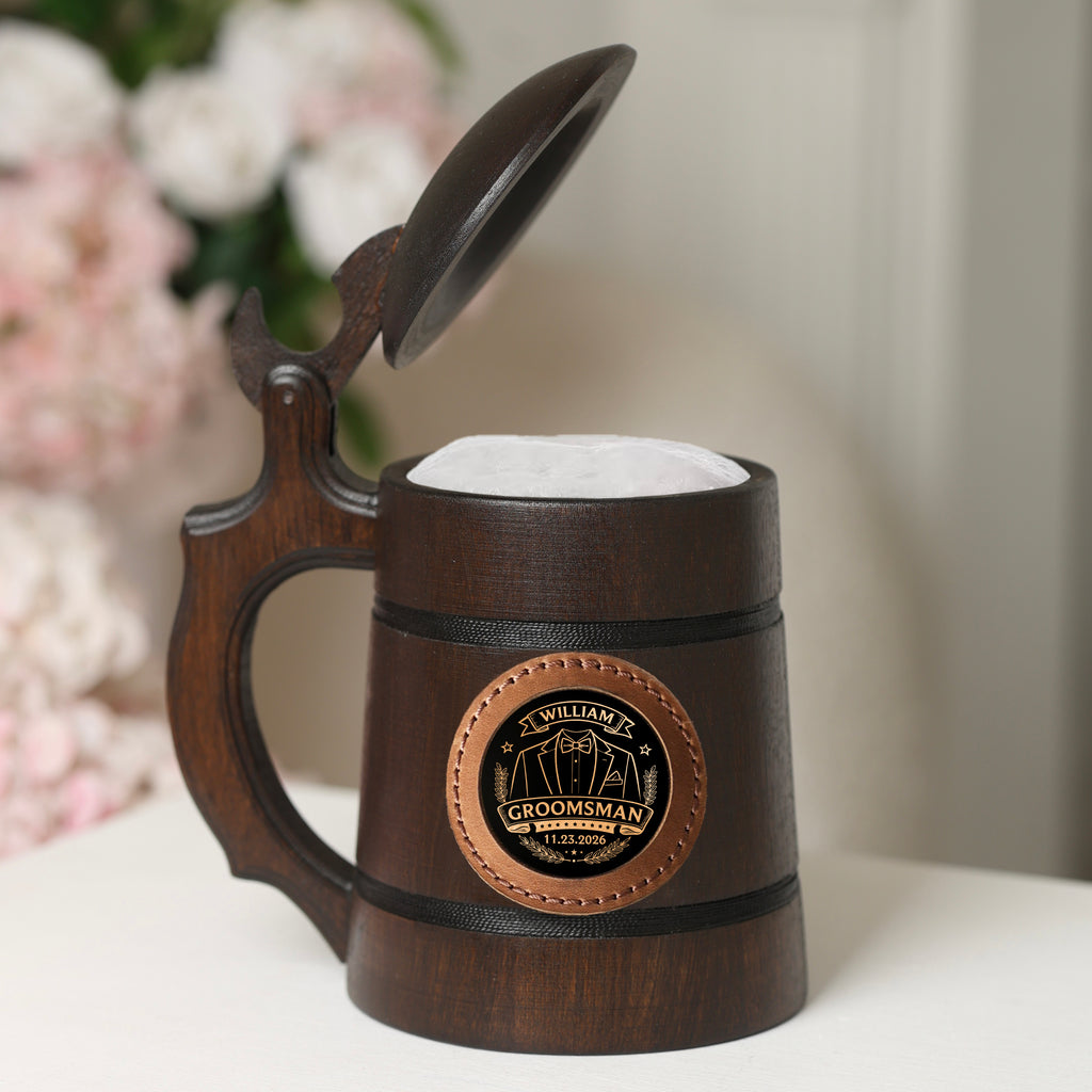 Personalized Oak Beer Mug with Lid, Custom Groomsman Gift, Wooden Tankard 500ml
