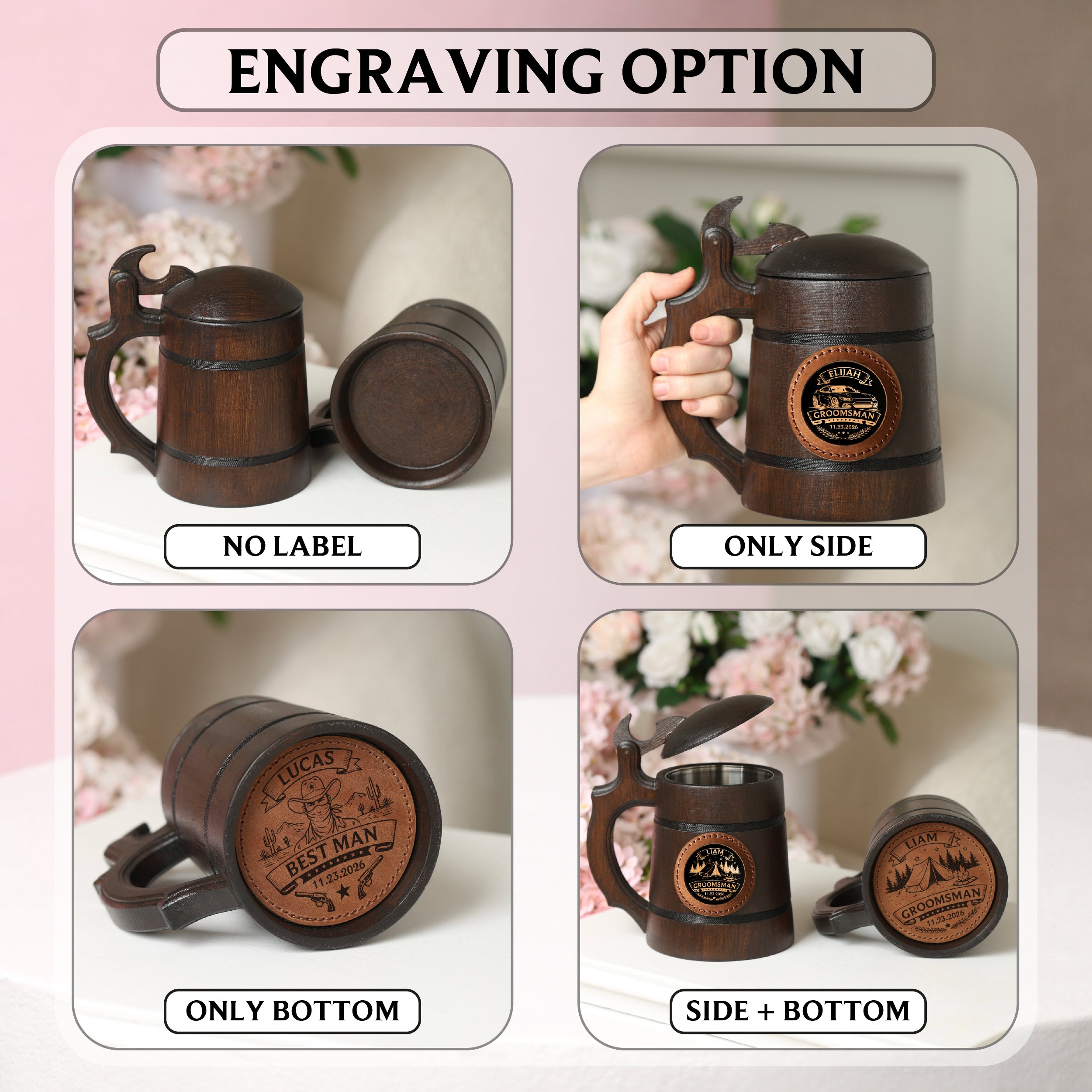 Personalized Oak Beer Mug with Lid, Custom Groomsman Gift, Wooden Tankard 500ml