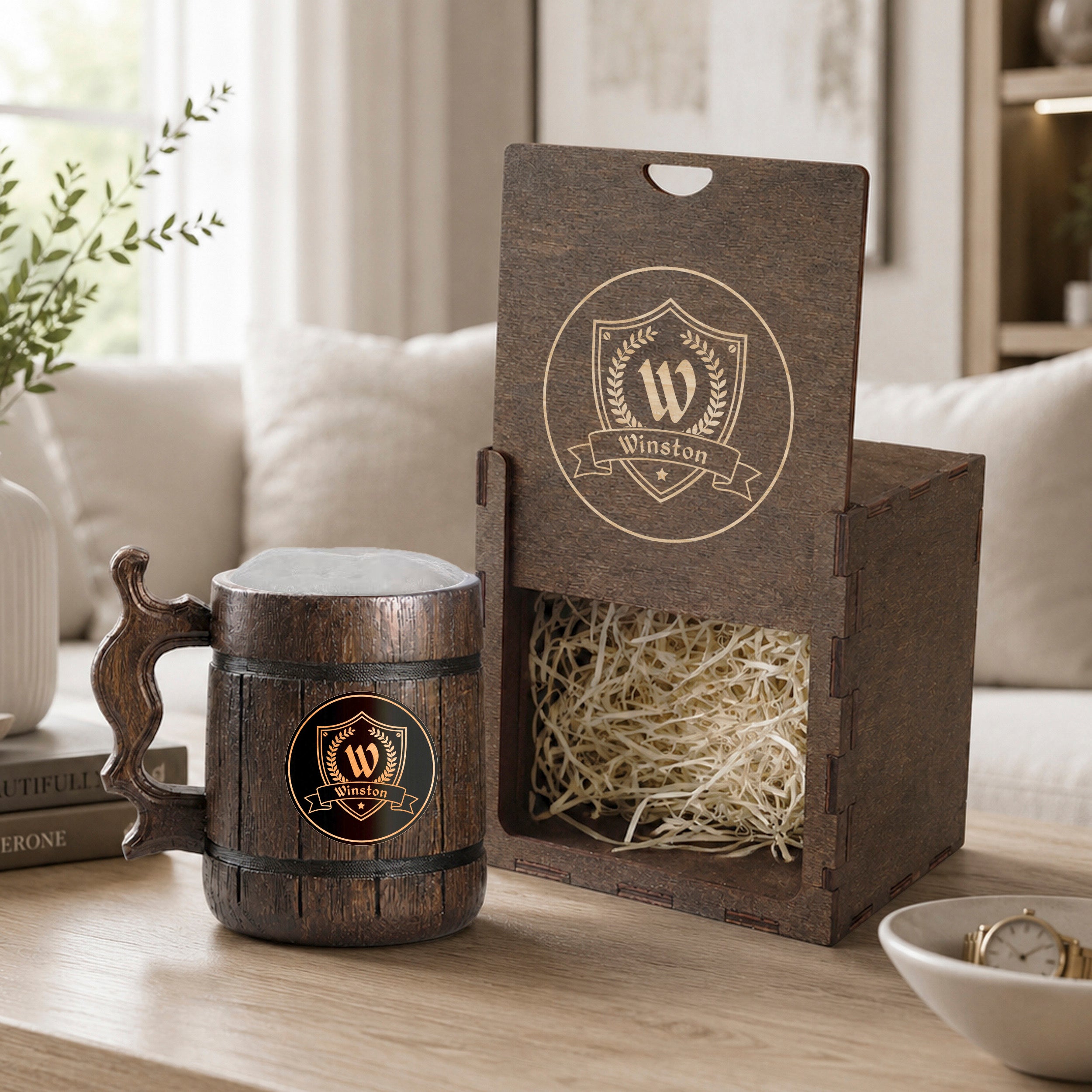 Custom Logo Mug, Engraved Beer Mug, Personalized Wood Chalice, Beer Mug Handle, Beer Mug Set, Monogrammed Beer Stein, Gift for Men