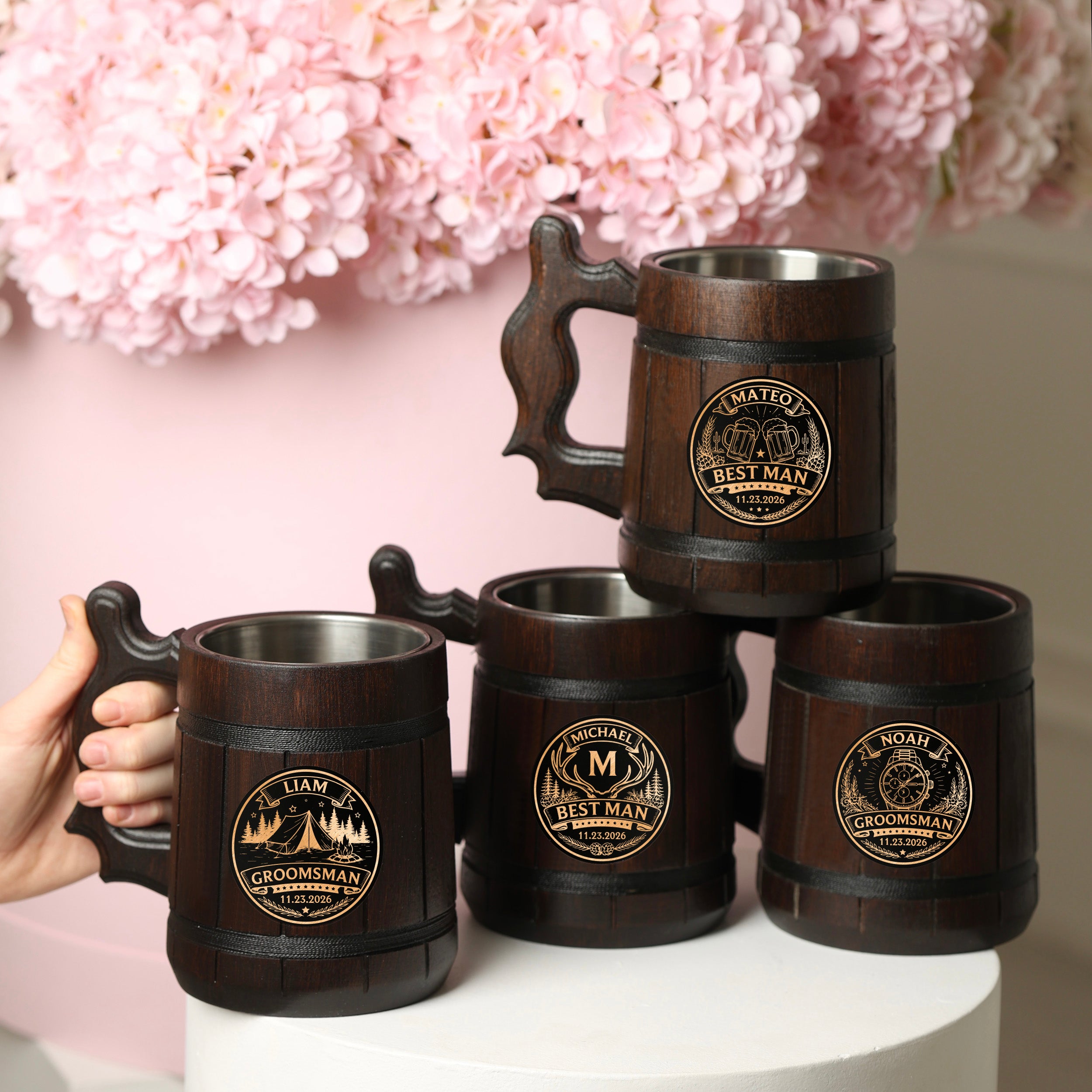 Groomsman Oak Beer Mug with Stainless Steel Insert, Personalized Gift Tankard