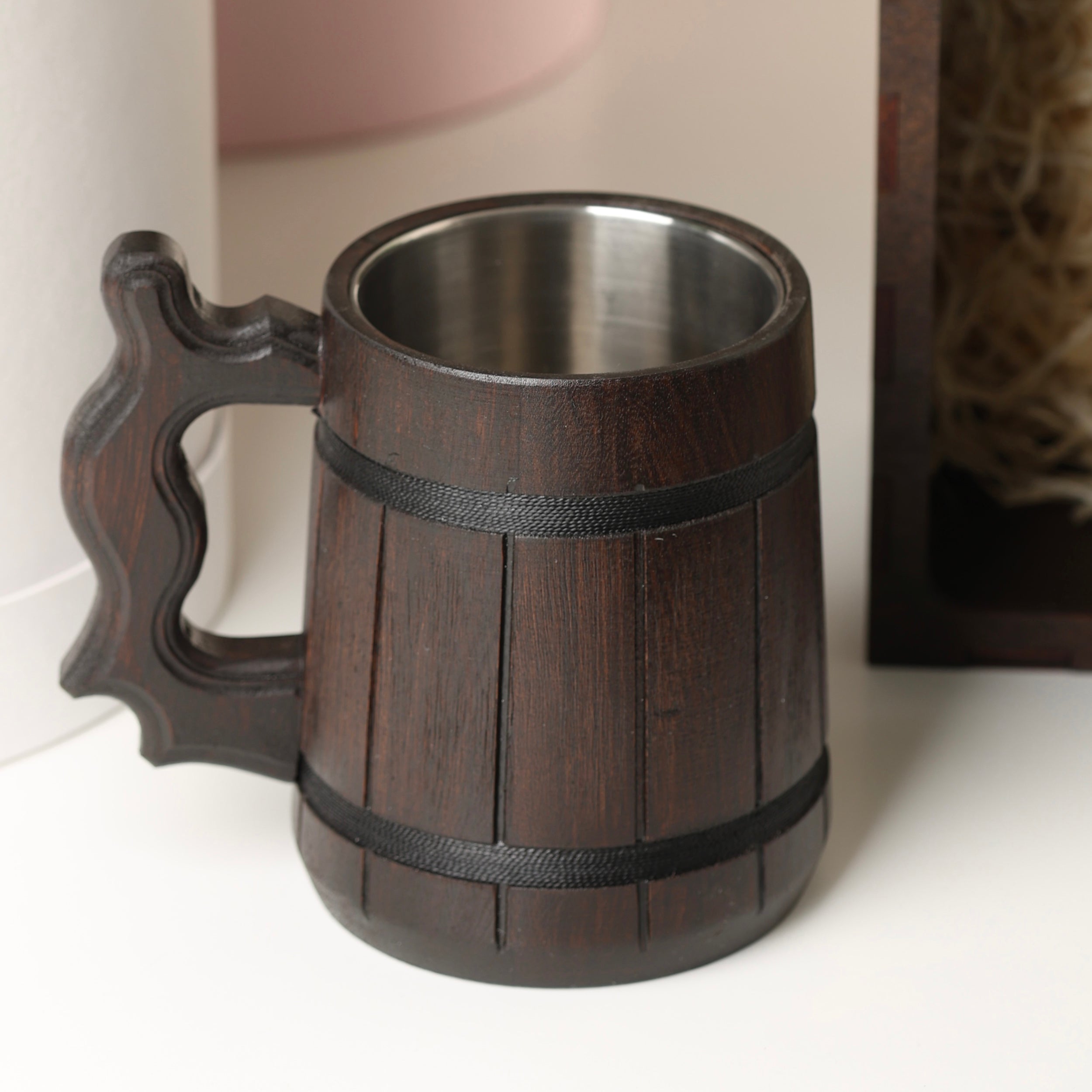 Groomsman Oak Beer Mug with Stainless Steel Insert, Personalized Gift Tankard