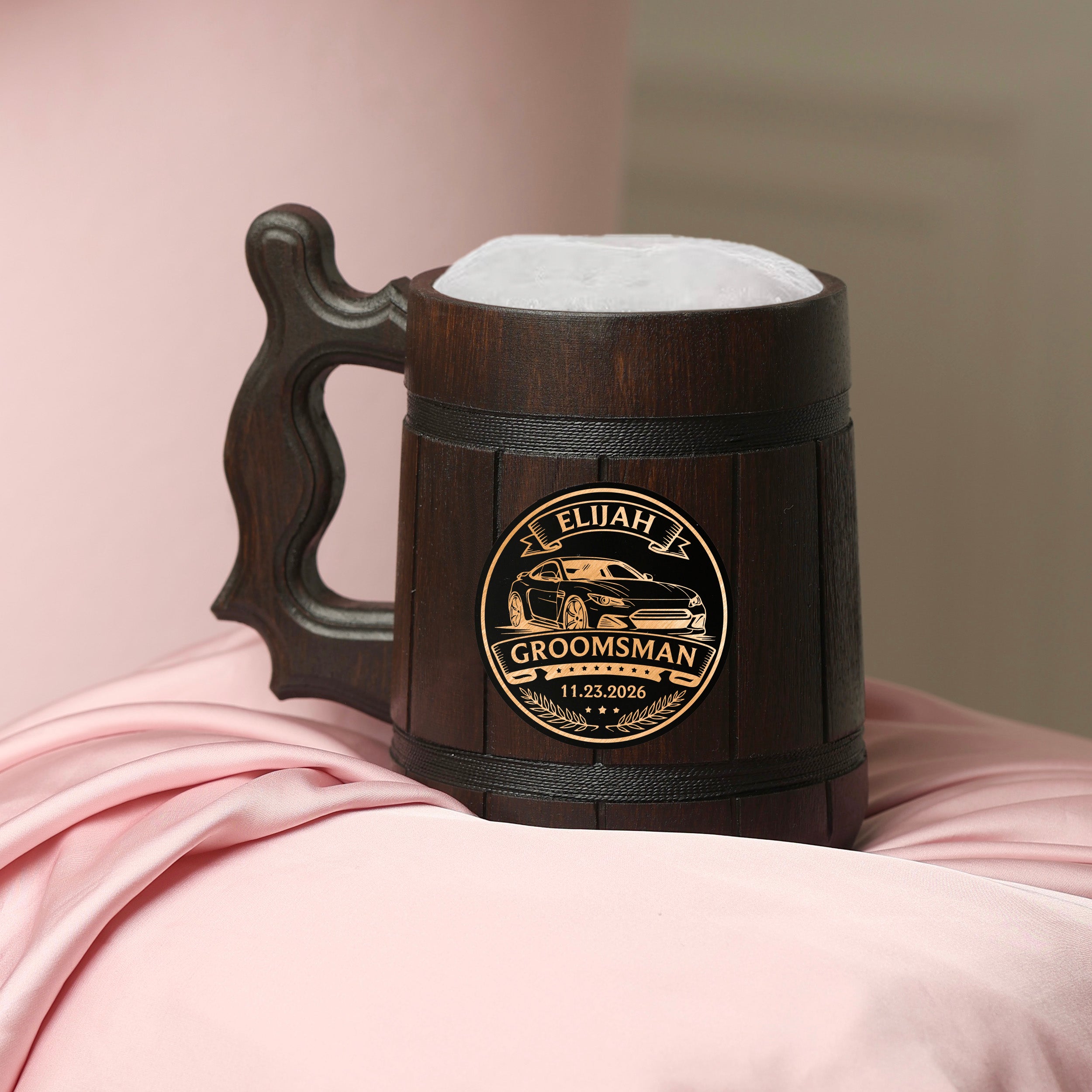 Groomsman Oak Beer Mug with Stainless Steel Insert, Personalized Gift Tankard