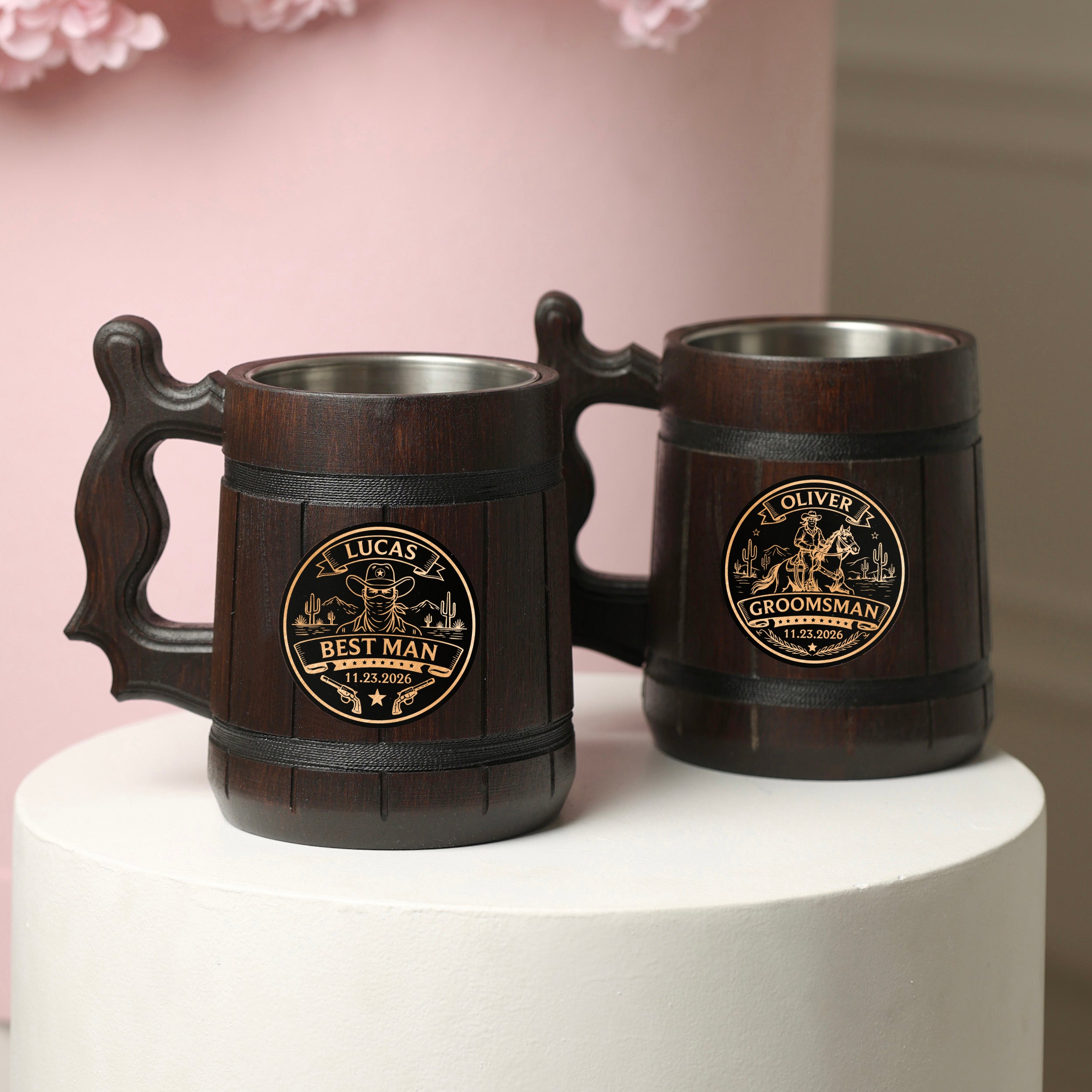 Groomsman Oak Beer Mug with Stainless Steel Insert, Personalized Gift Tankard