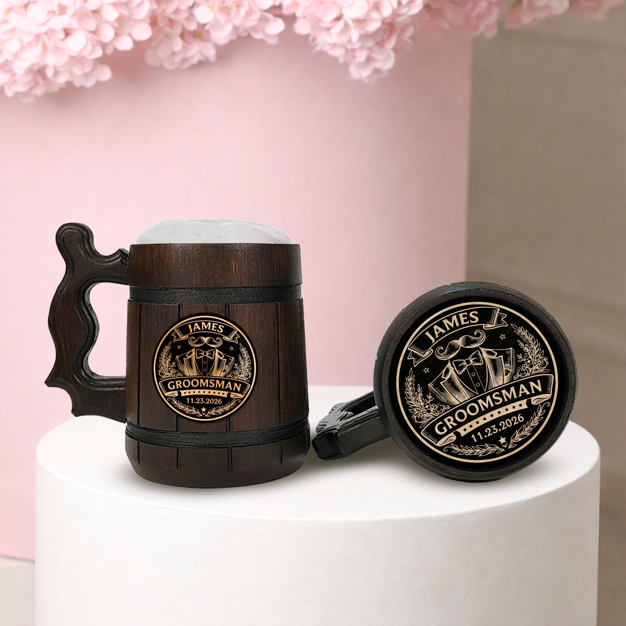 Groomsman Oak Beer Mug with Stainless Steel Insert, Personalized Gift Tankard
