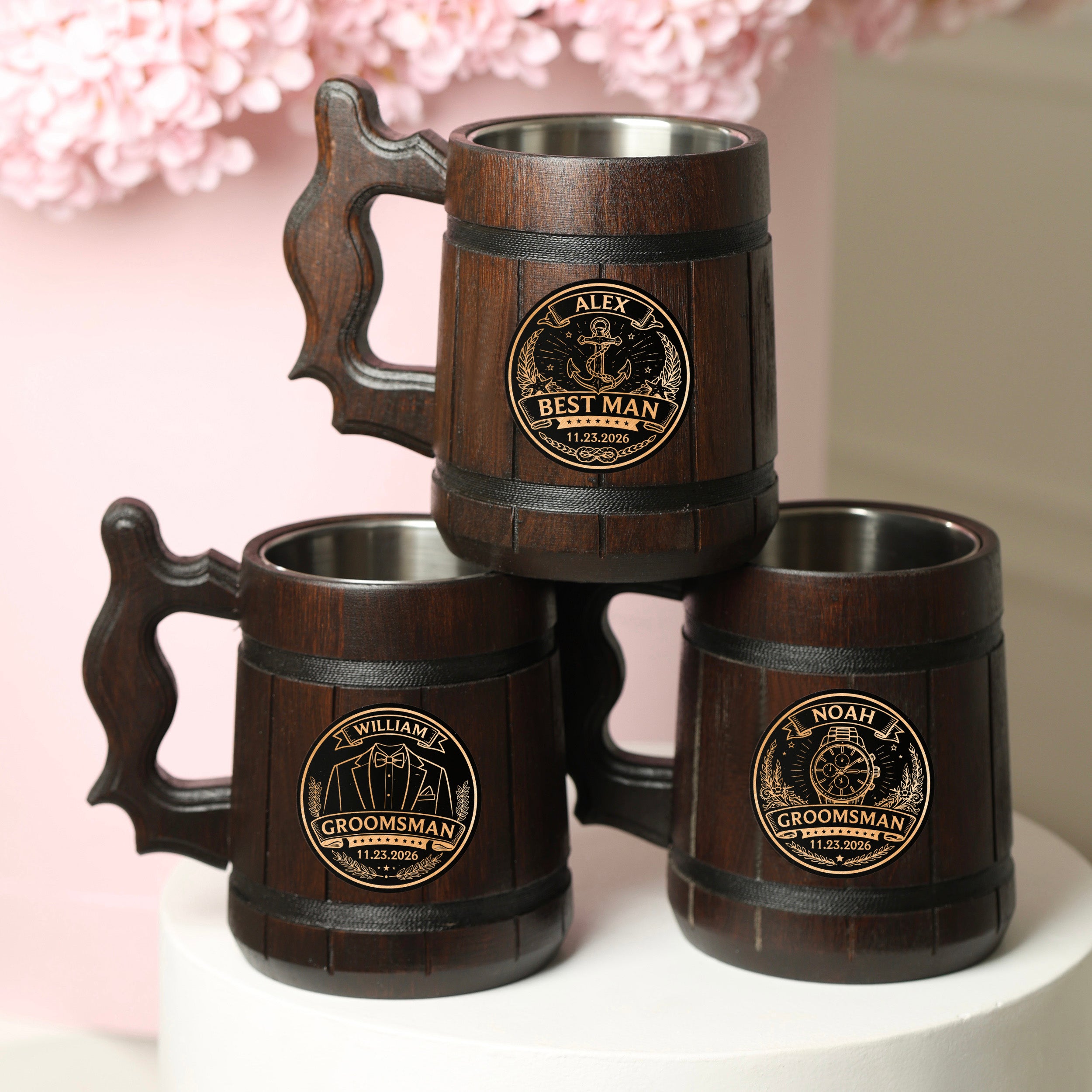 Groomsman Oak Beer Mug with Stainless Steel Insert, Personalized Gift Tankard