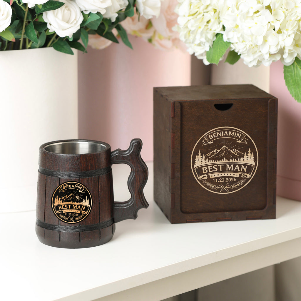 Groomsman Oak Beer Mug with Stainless Steel Insert, Personalized Gift Tankard