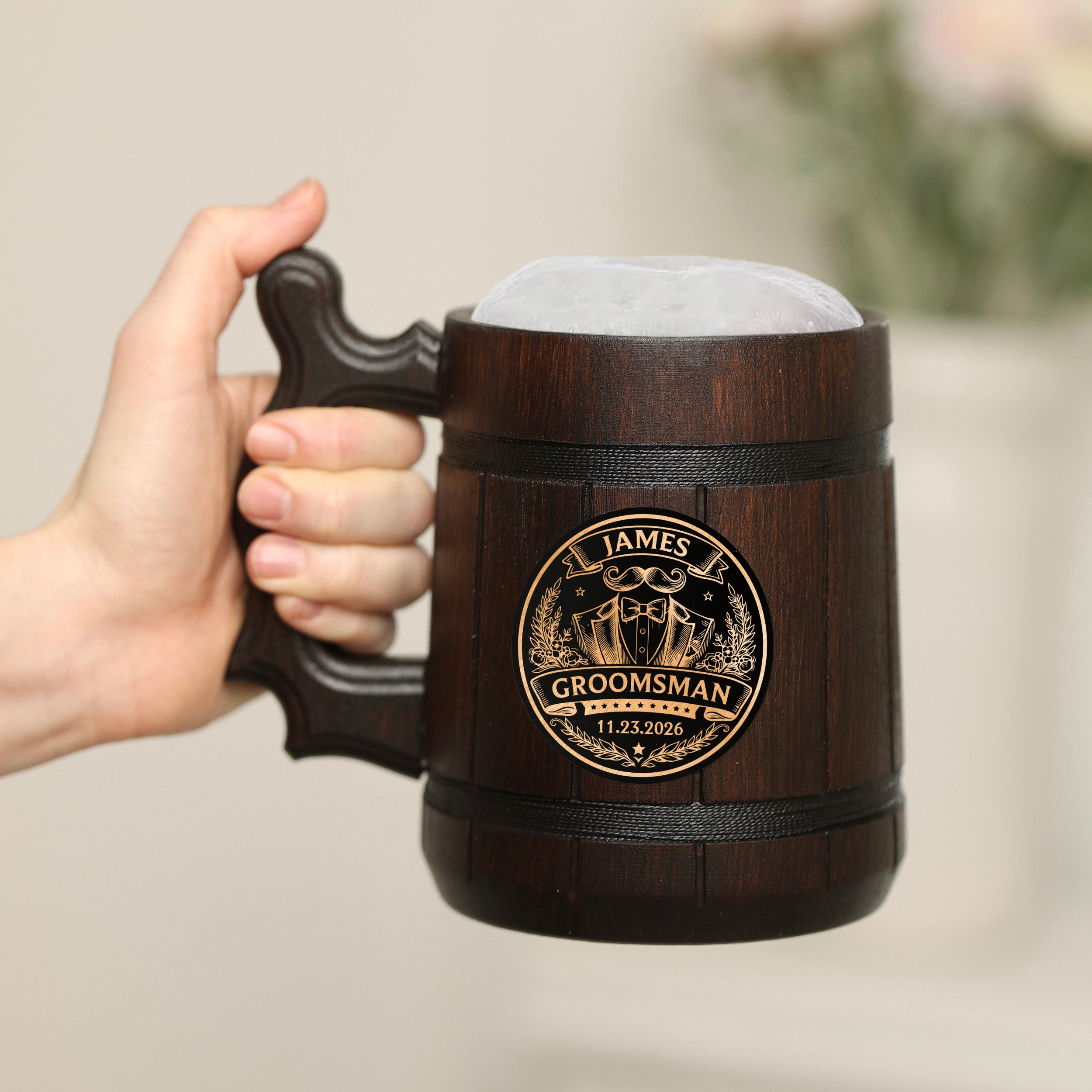 Groomsman Oak Beer Mug with Stainless Steel Insert, Personalized Gift Tankard