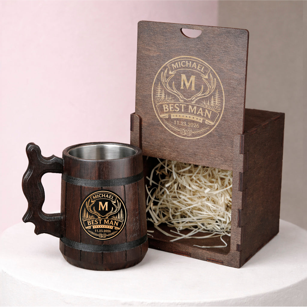 Groomsman Oak Beer Mug with Stainless Steel Insert, Personalized Gift Tankard