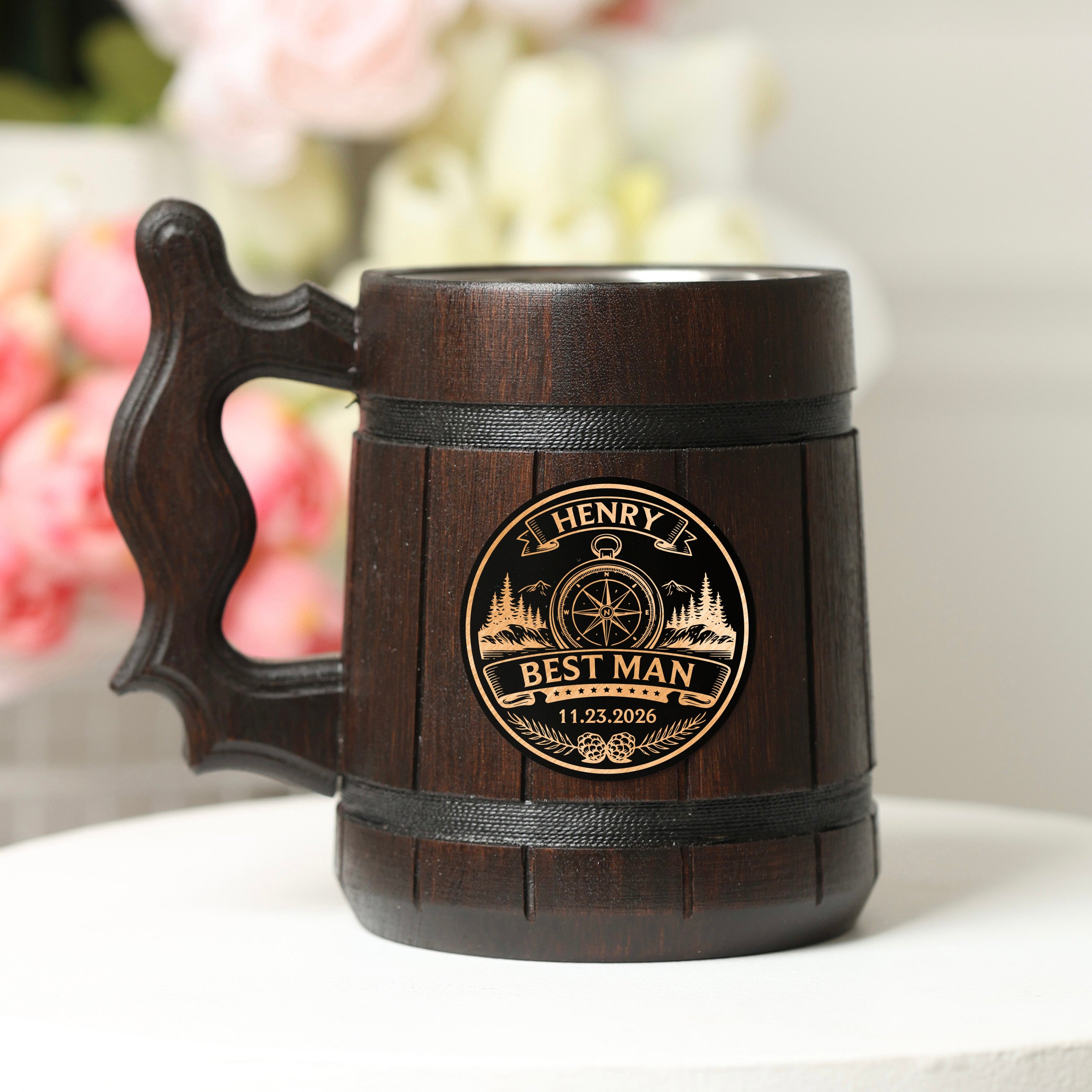 Groomsman Oak Beer Mug with Stainless Steel Insert, Personalized Gift Tankard