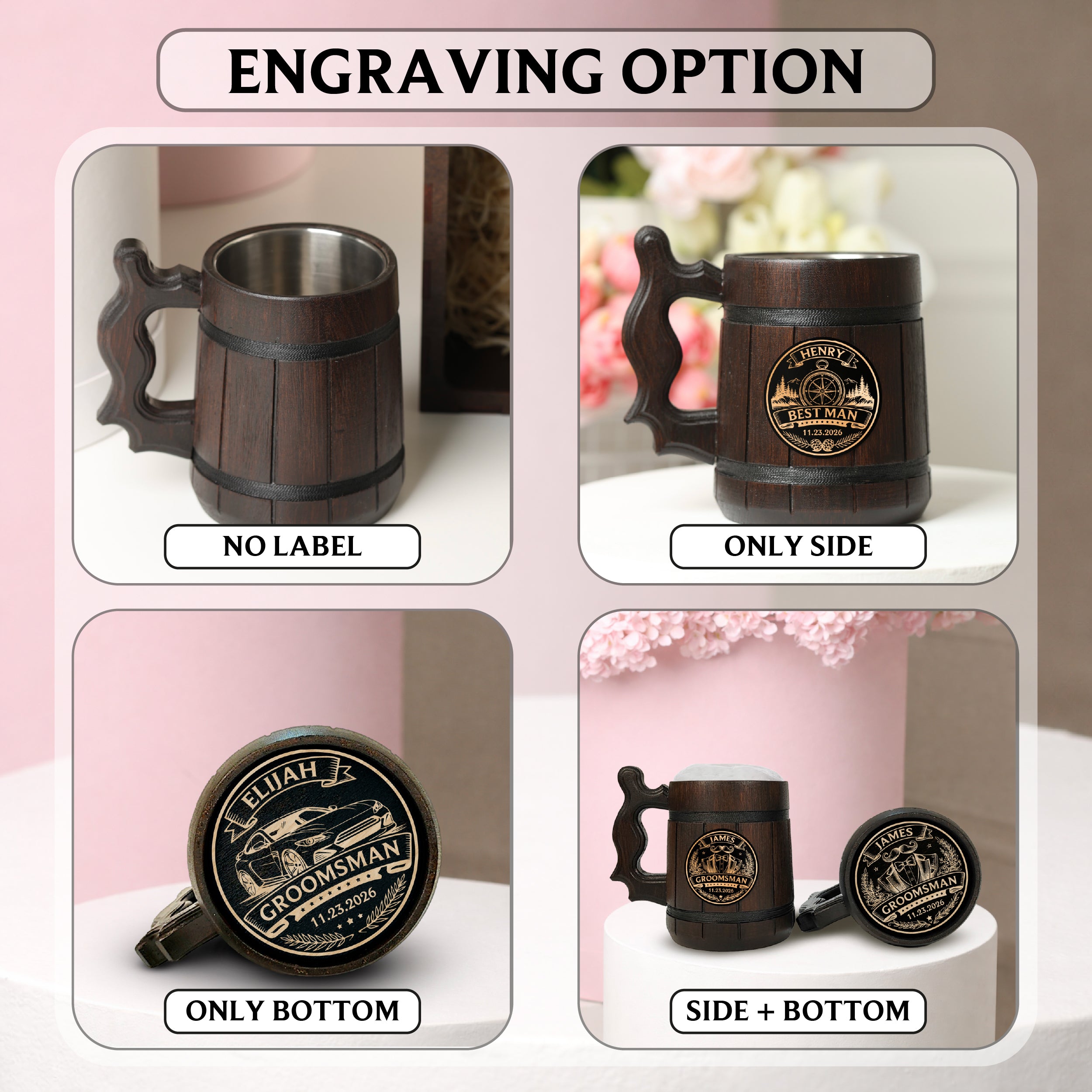 Groomsman Oak Beer Mug with Stainless Steel Insert, Personalized Gift Tankard