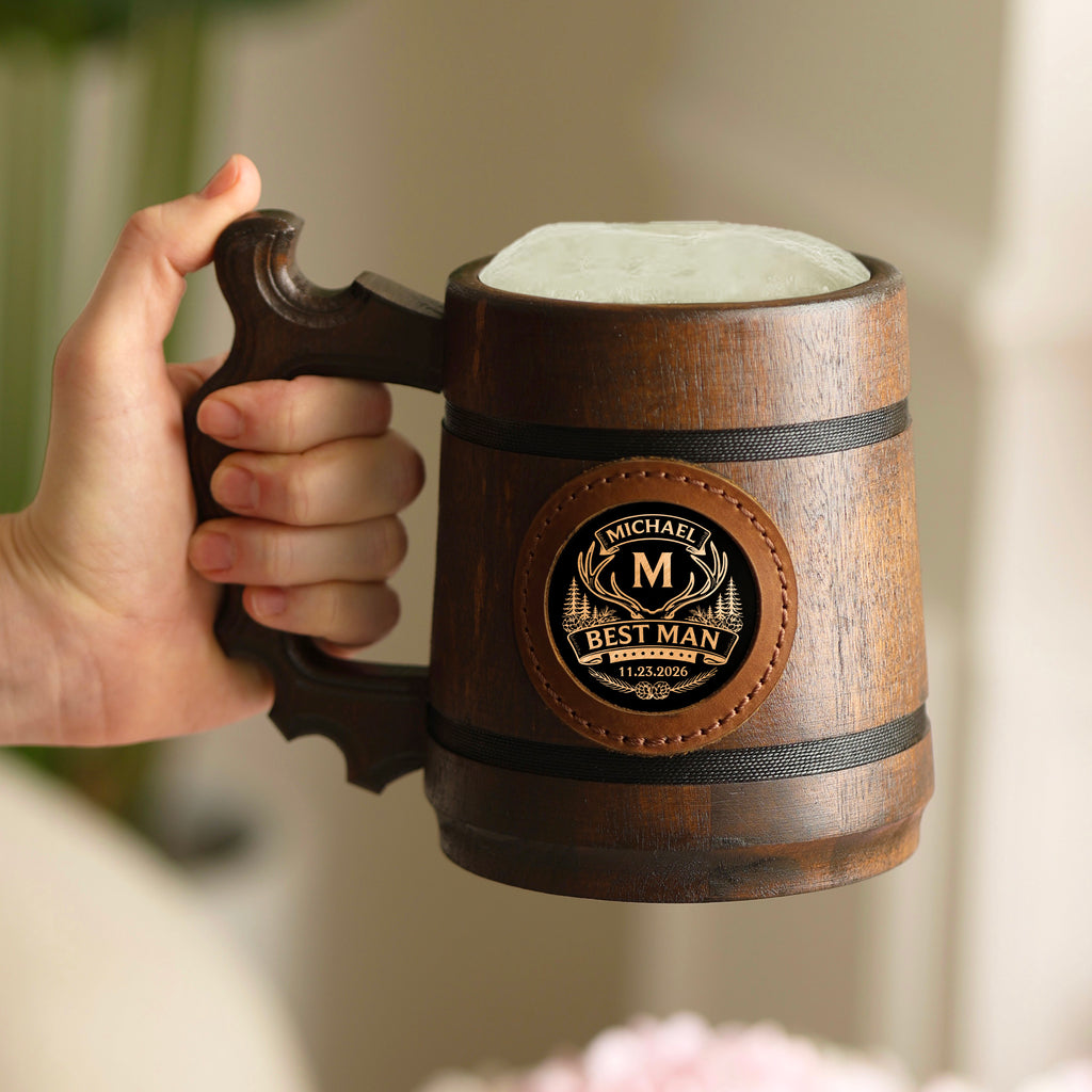 Personalized Oak Beer Mug, Groomsman & Best Man Gift, Wedding Party Favor, Stainless Steel Liner