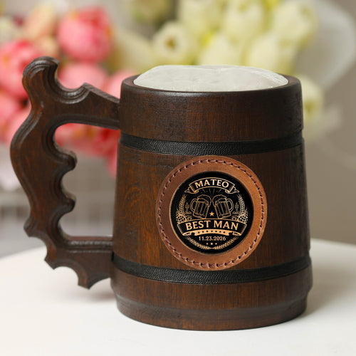 Personalized Oak Beer Mug, Groomsman & Best Man Gift, Wedding Party Favor, Stainless Steel Liner