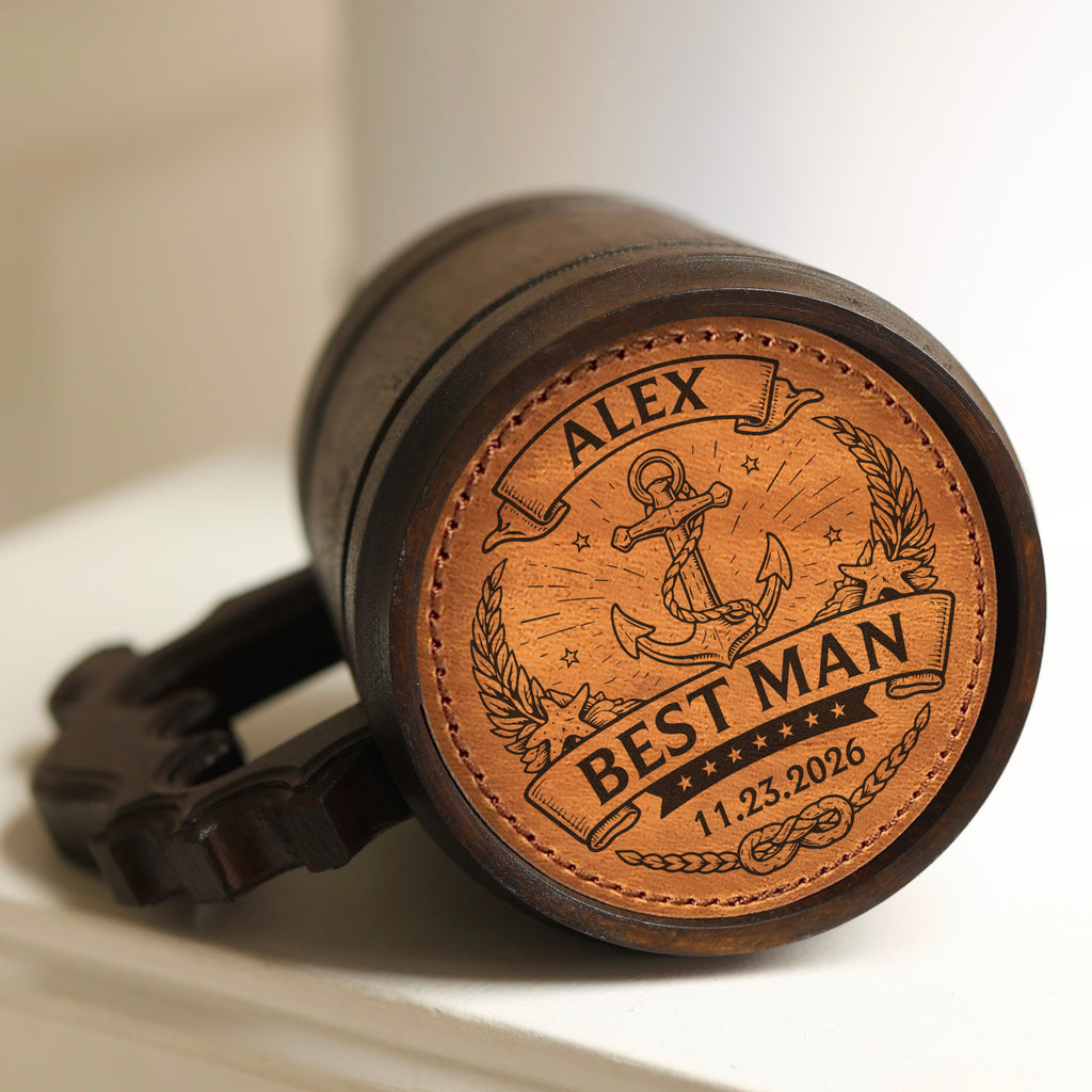 Personalized Oak Beer Mug, Groomsman & Best Man Gift, Wedding Party Favor, Stainless Steel Liner