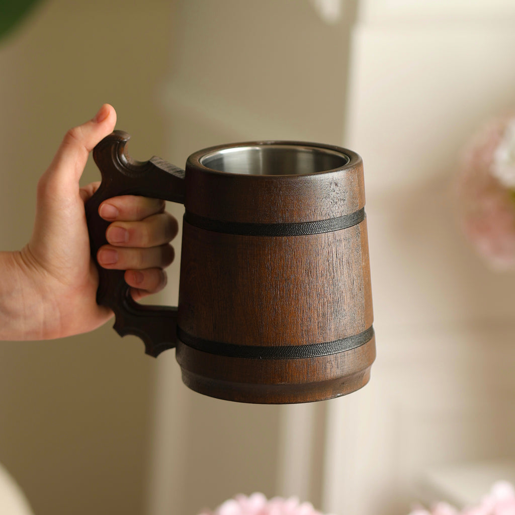 Personalized Oak Beer Mug, Groomsman & Best Man Gift, Wedding Party Favor, Stainless Steel Liner