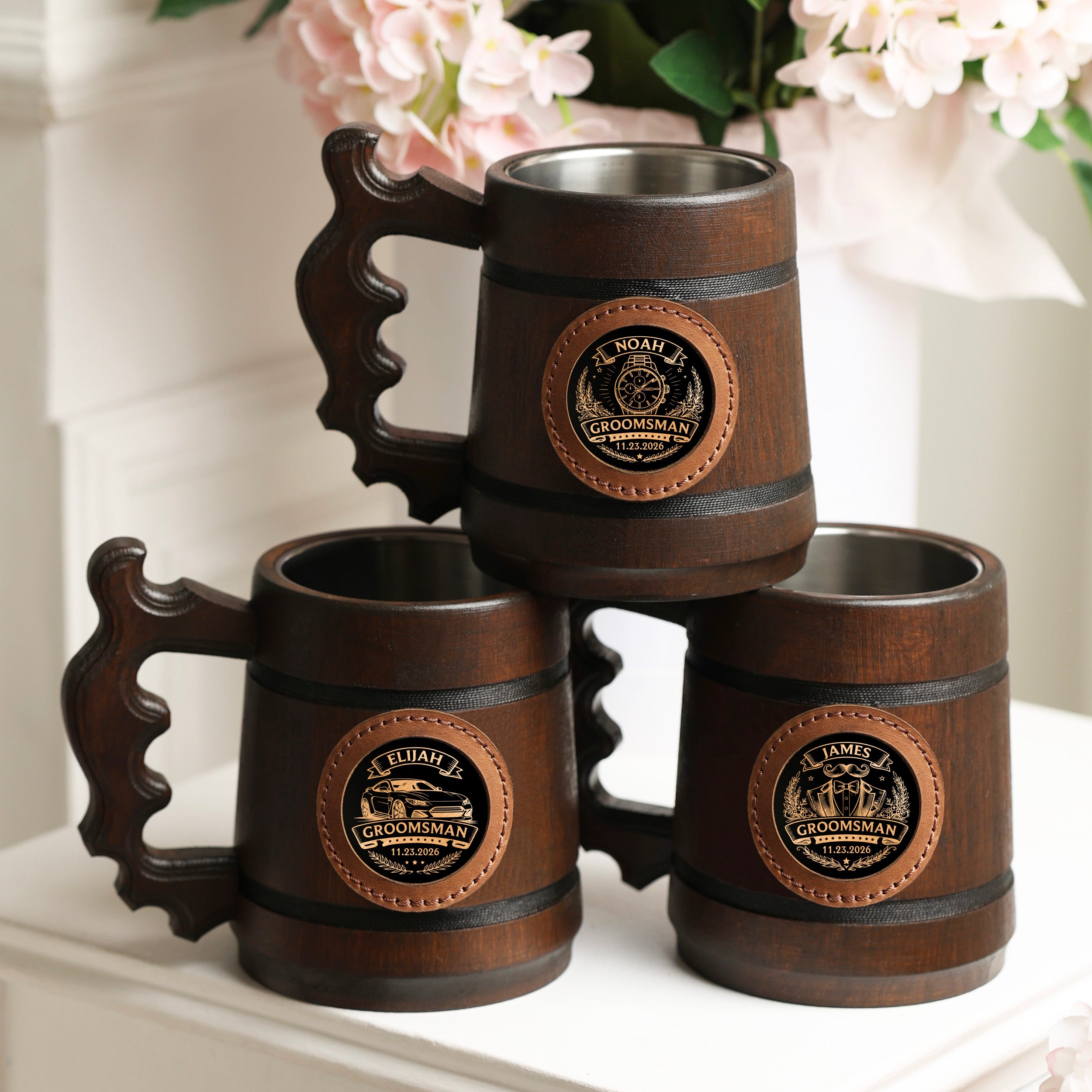Personalized Oak Beer Mug, Groomsman & Best Man Gift, Wedding Party Favor, Stainless Steel Liner