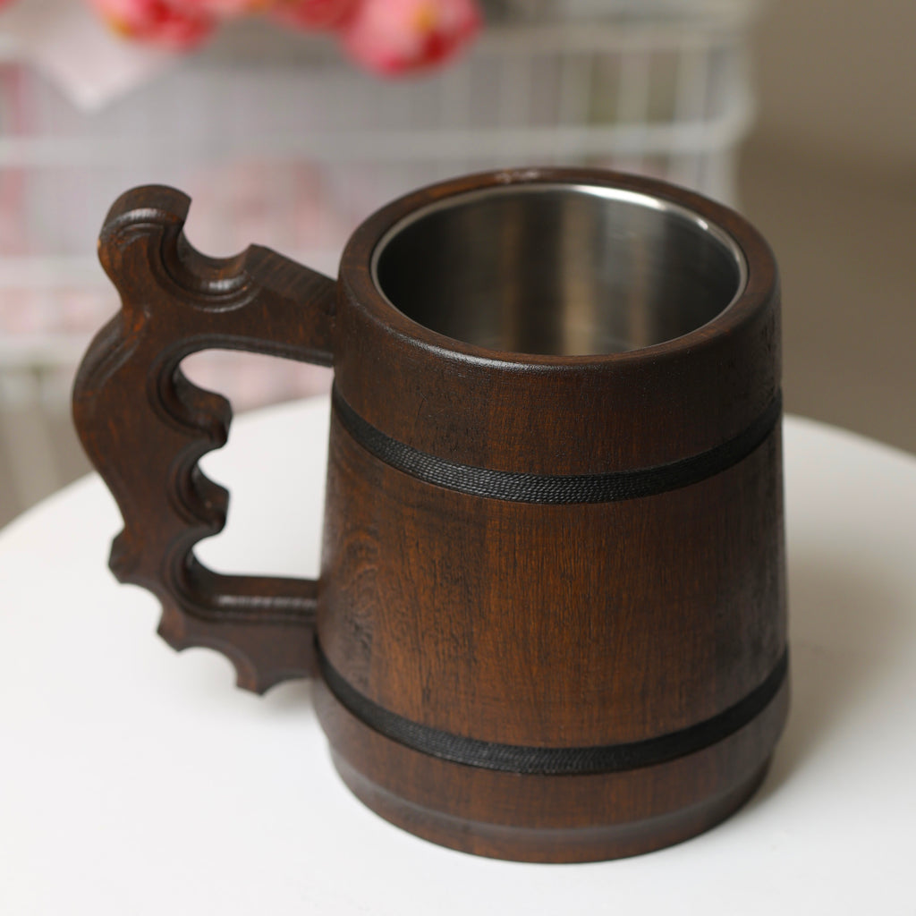 Personalized Oak Beer Mug, Groomsman & Best Man Gift, Wedding Party Favor, Stainless Steel Liner
