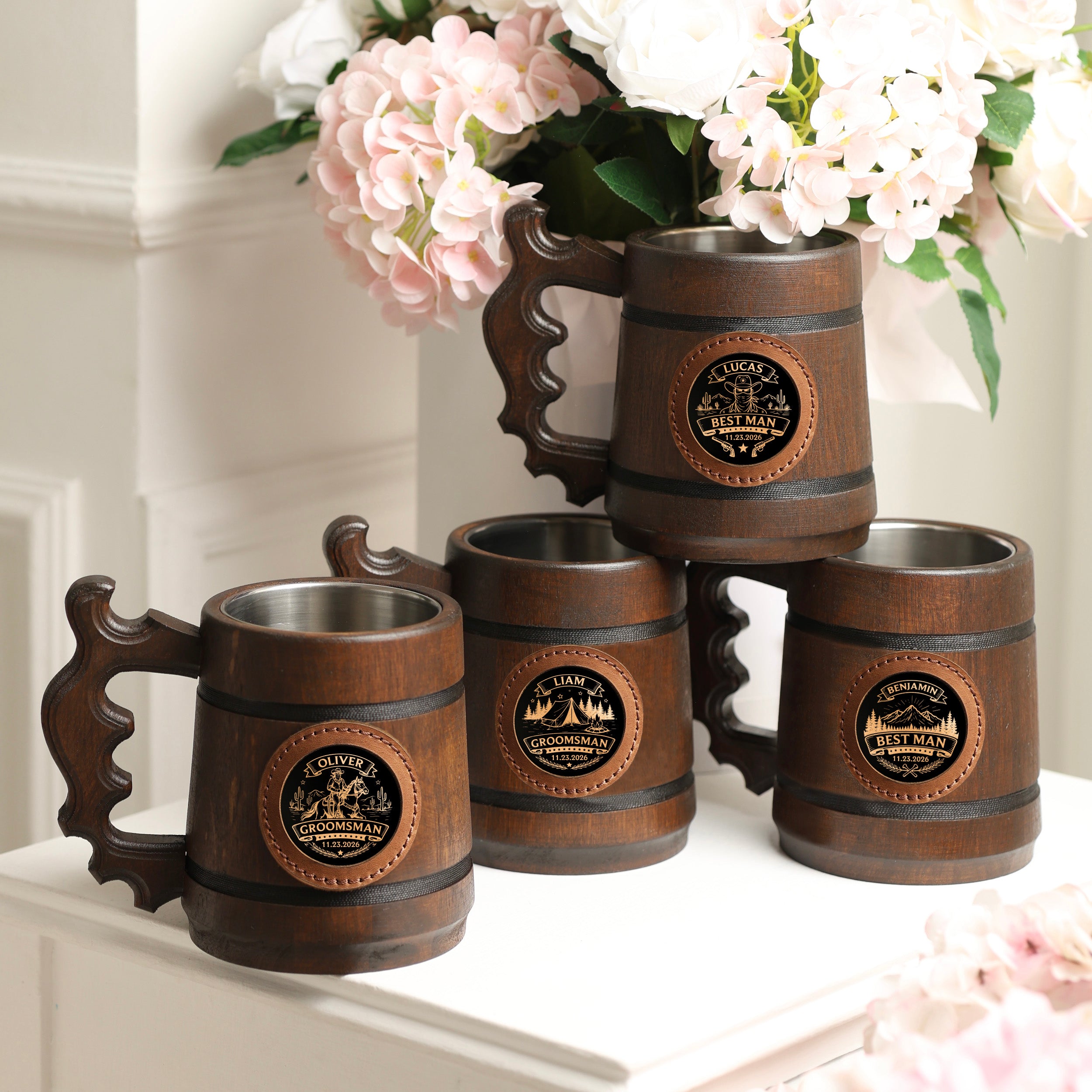 Personalized Oak Beer Mug, Groomsman & Best Man Gift, Wedding Party Favor, Stainless Steel Liner