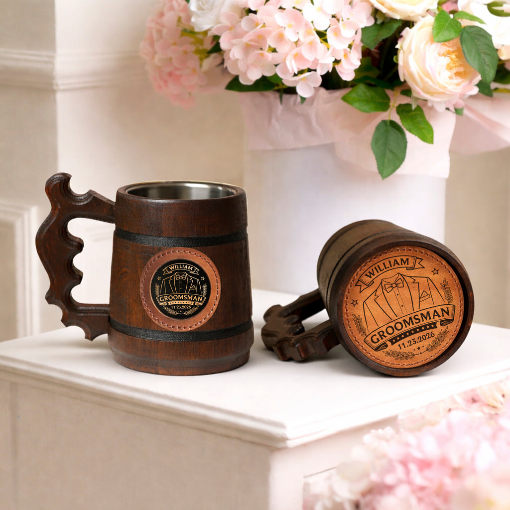 Personalized Oak Beer Mug, Groomsman & Best Man Gift, Wedding Party Favor, Stainless Steel Liner