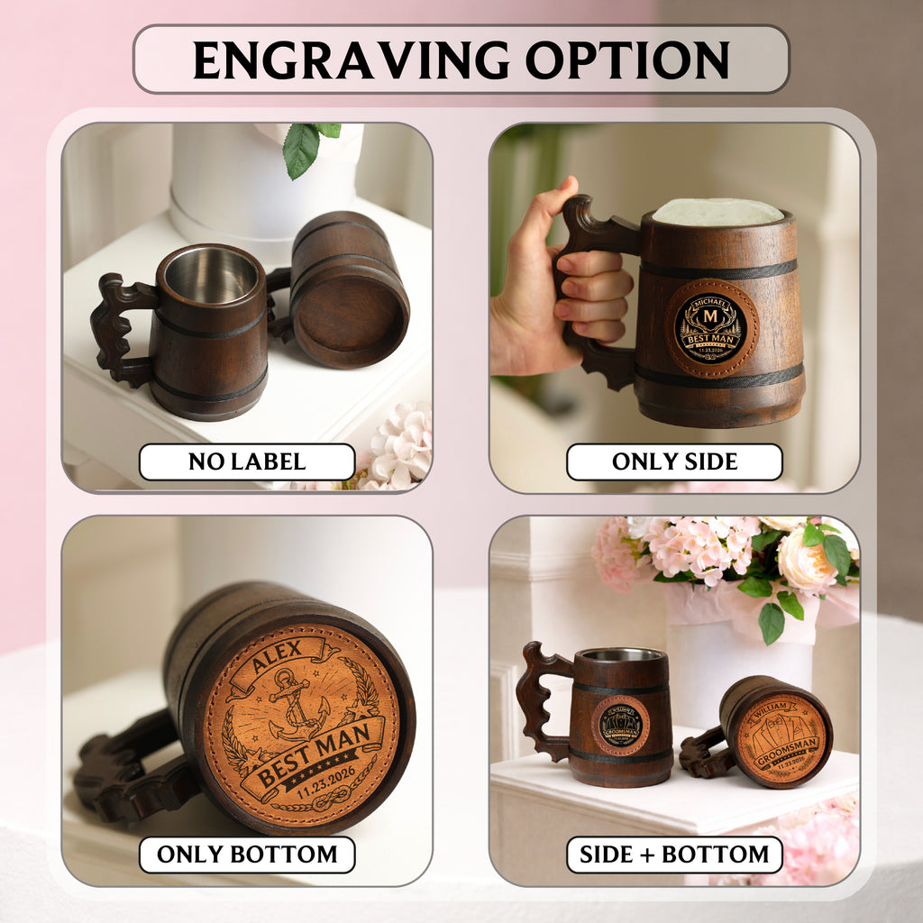 Personalized Oak Beer Mug, Groomsman & Best Man Gift, Wedding Party Favor, Stainless Steel Liner