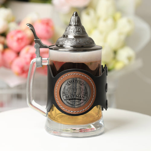 Personalized Glass Beer Mug with Metal Lid, Groomsman & Groom Wedding Gift