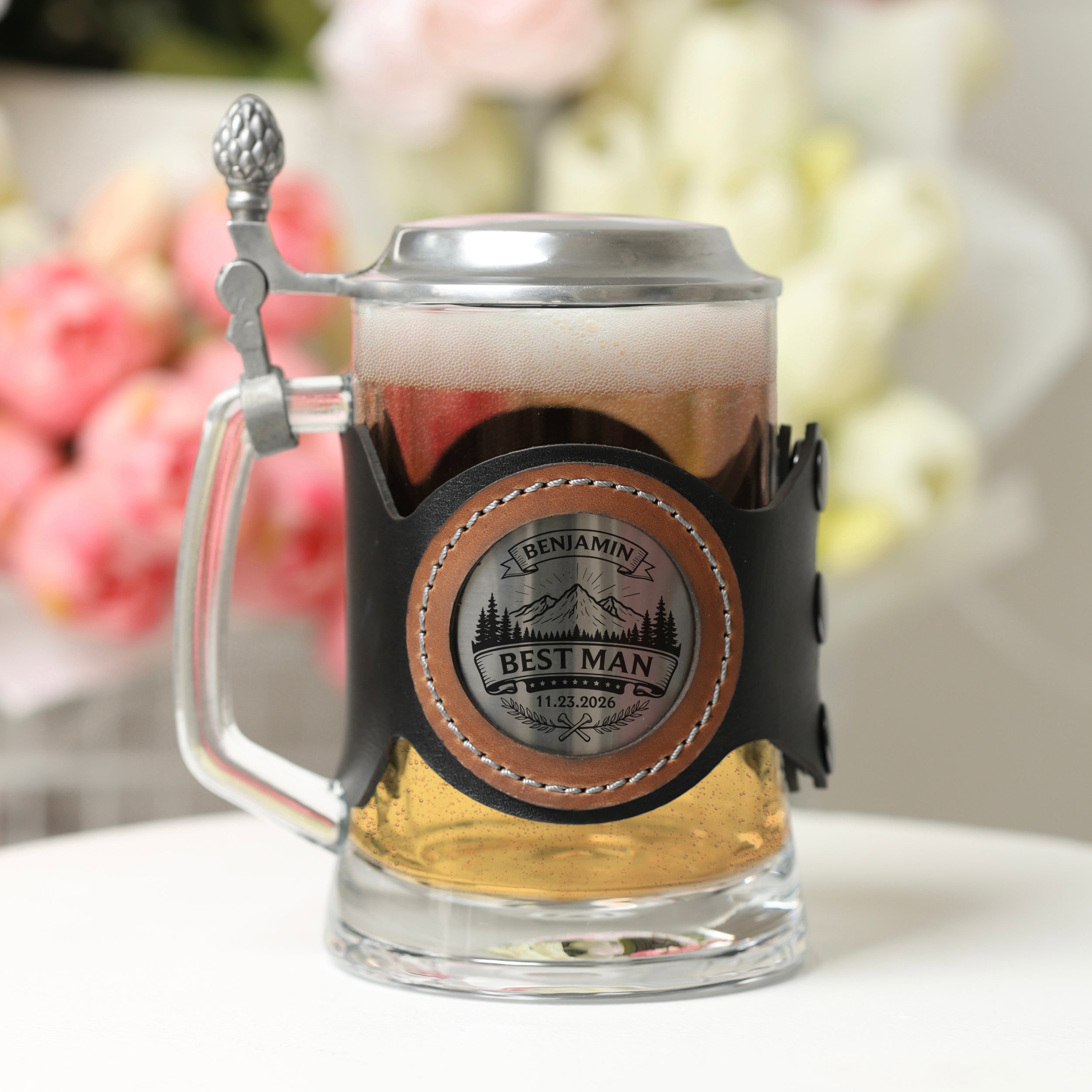 Personalized Glass Beer Mug with Metal Lid, Groomsman & Groom Wedding Gift