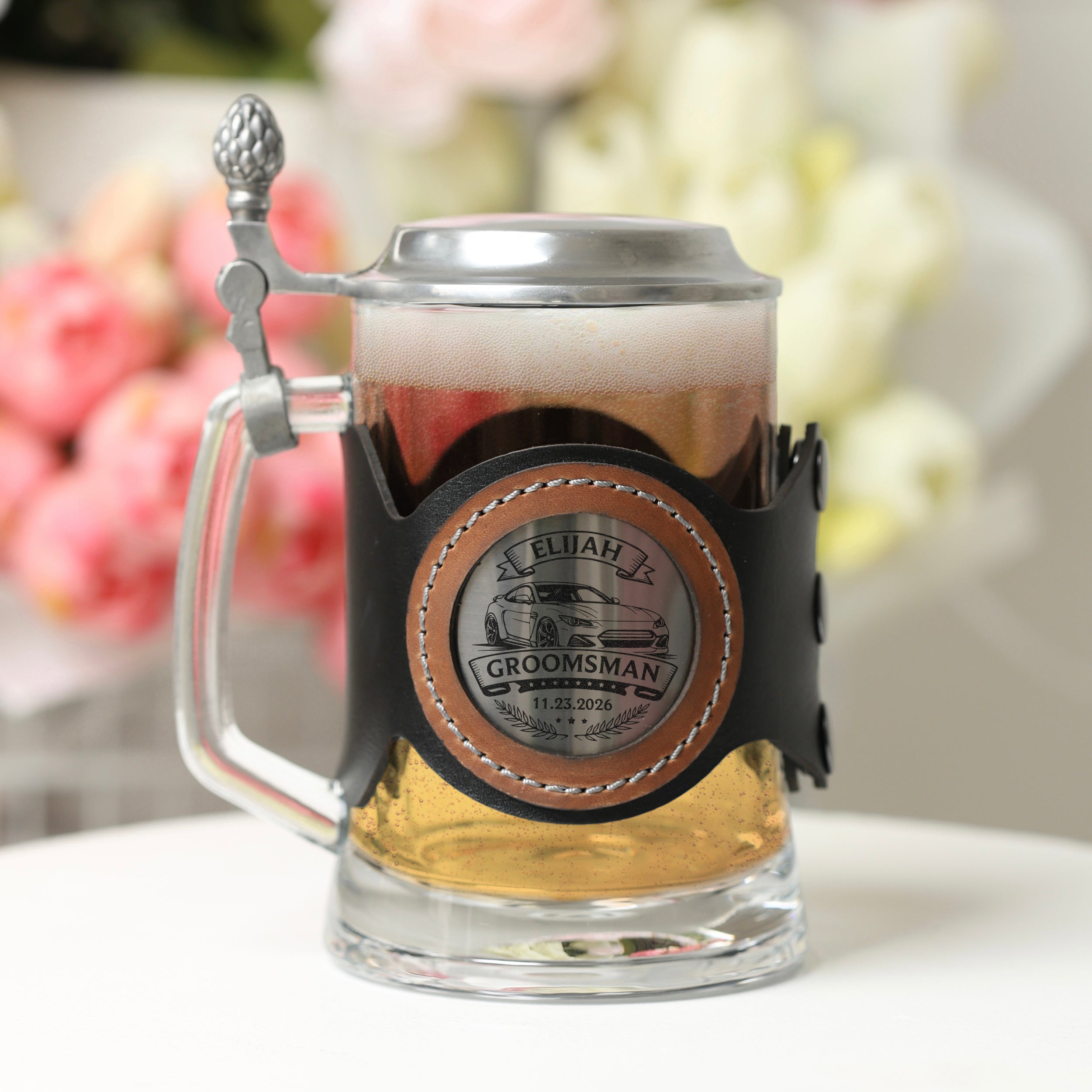 Personalized Glass Beer Mug with Metal Lid, Groomsman & Groom Wedding Gift