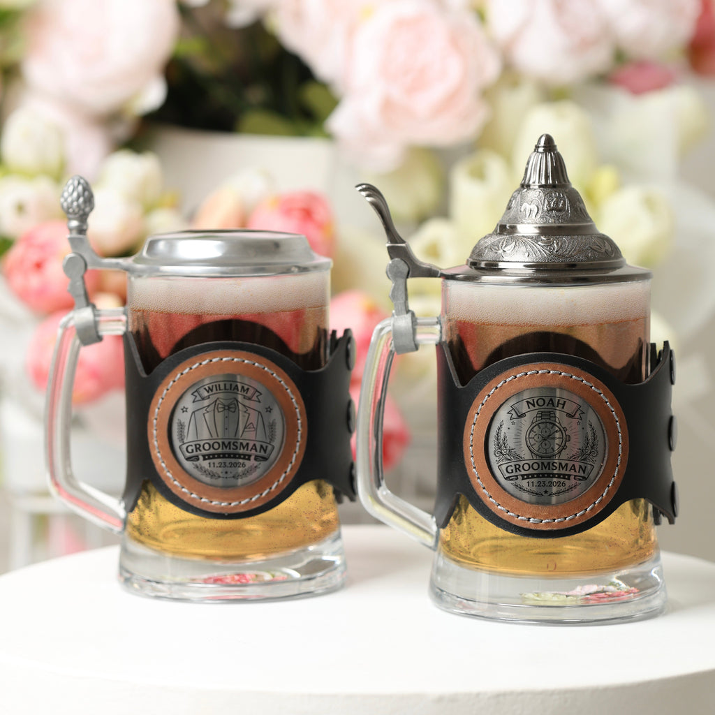 Personalized Glass Beer Mug with Metal Lid, Groomsman & Groom Wedding Gift