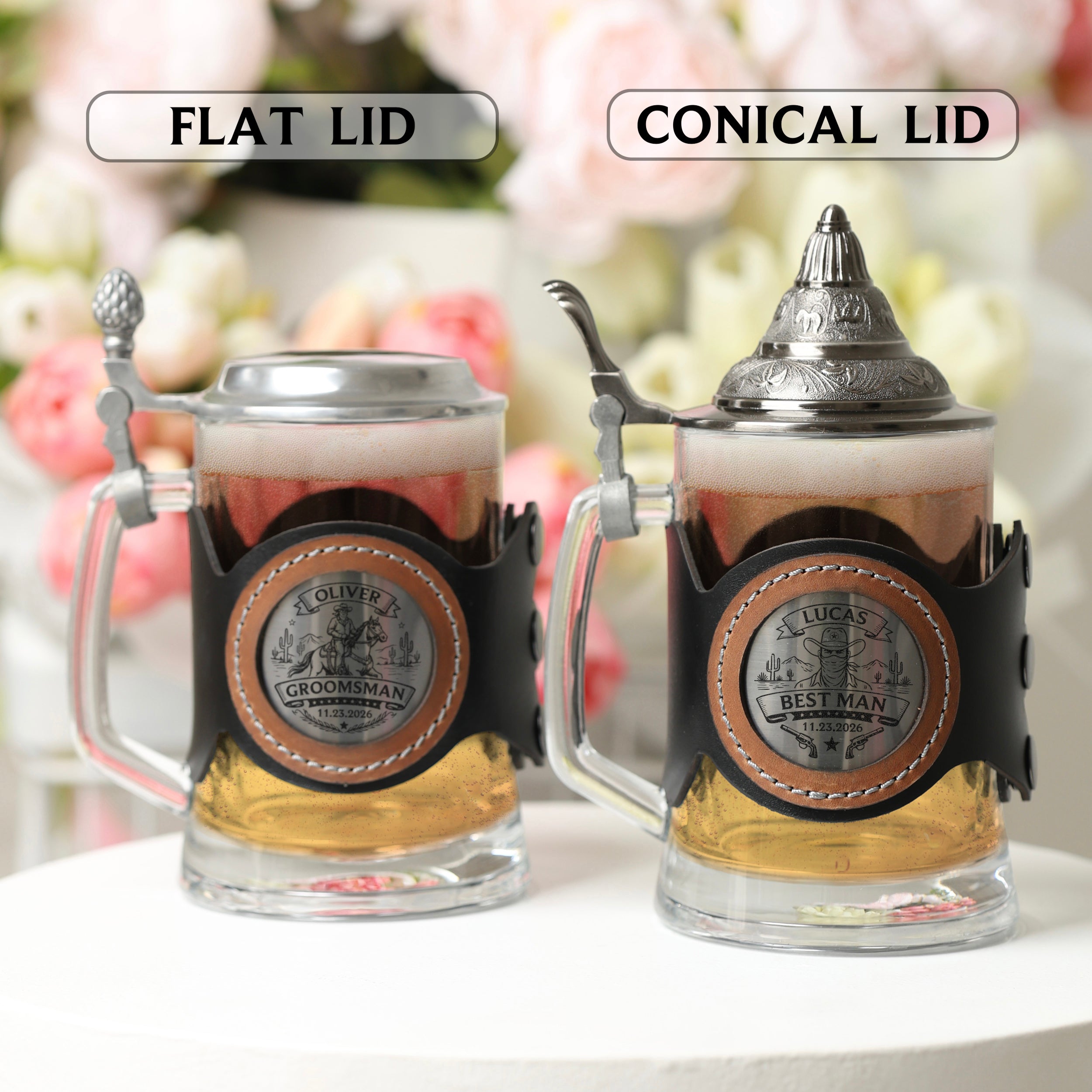 Personalized Glass Beer Mug with Metal Lid, Groomsman & Groom Wedding Gift