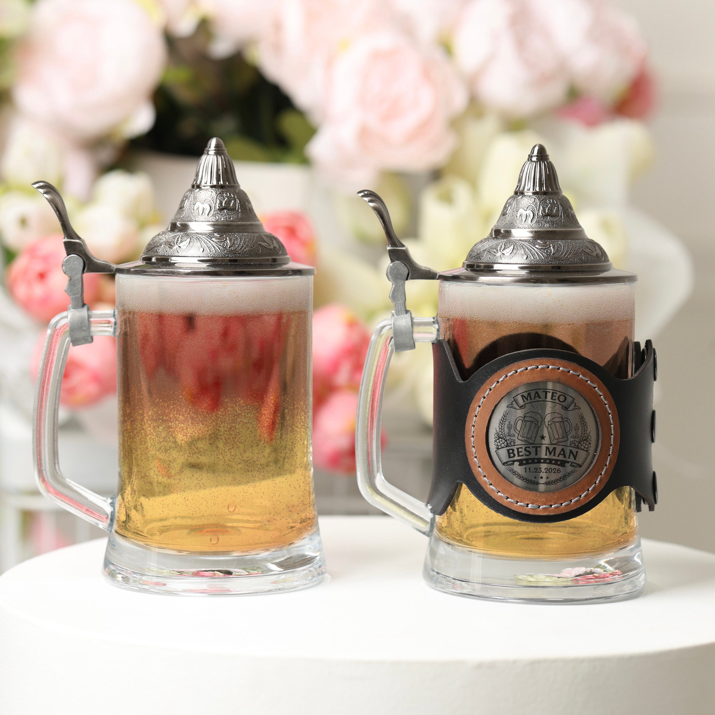 Personalized Glass Beer Mug with Metal Lid, Groomsman & Groom Wedding Gift